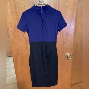 Business casual dress. Keyhole in front near chest and rushing on the skirt area